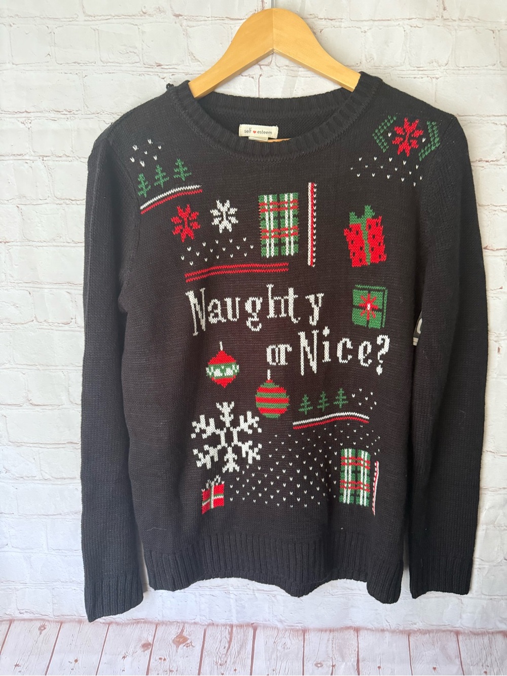 Self Esteem Black Naughty or Nice Holiday Knit Sweater Womens Size Medium (READ)